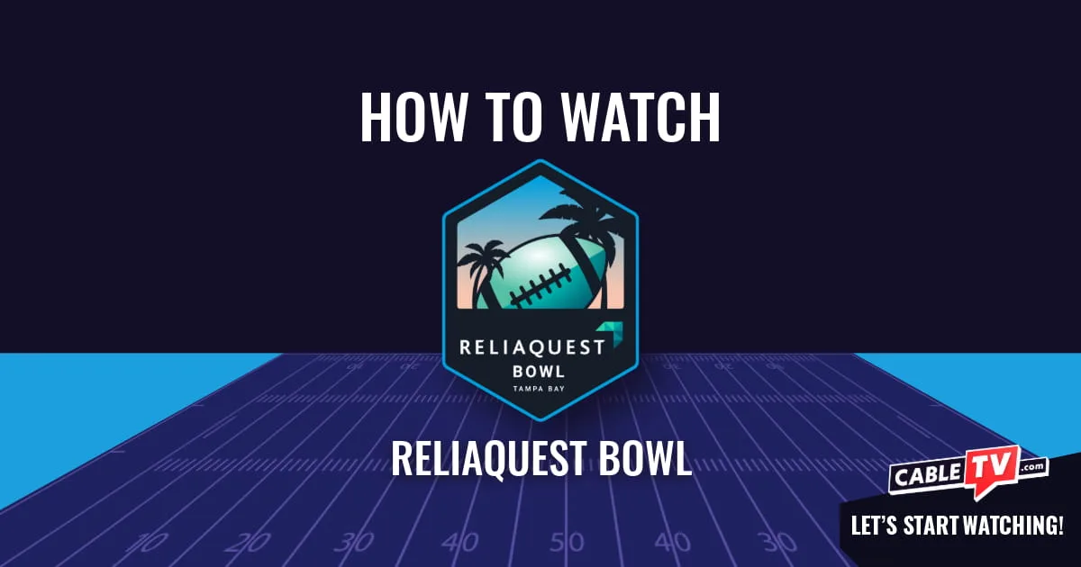 A "How to Watch" graphic featuring the ReliaQuest Bowl logo centered above a stylized football field on a dark blue background.
