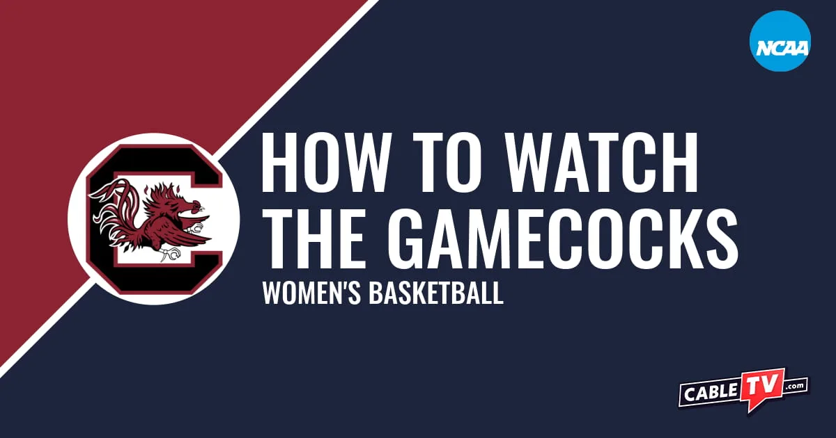 South Carolina Gamecocks logo on a stylized garnet and dark blue graphic for the women's basketball team watch guide.