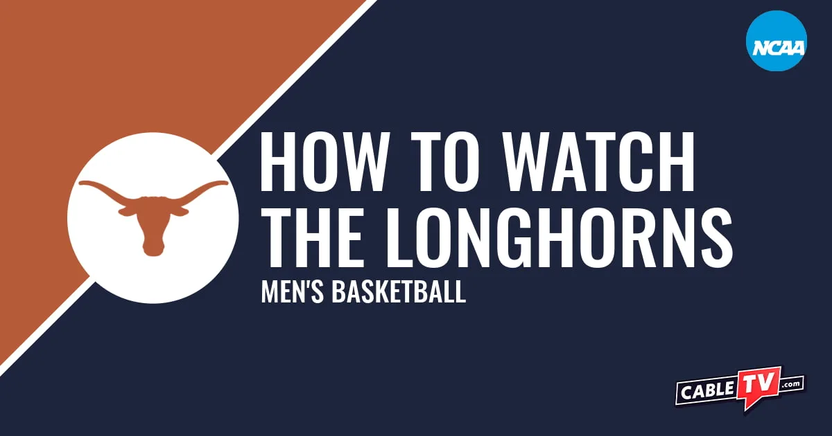 Texas Longhorns logo on a stylized orange and dark blue graphic for the men's basketball team watch guide.