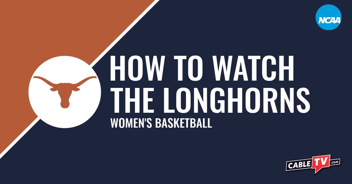 Texas Longhorns logo on a stylized orange and dark blue graphic for the women's basketball team watch guide.