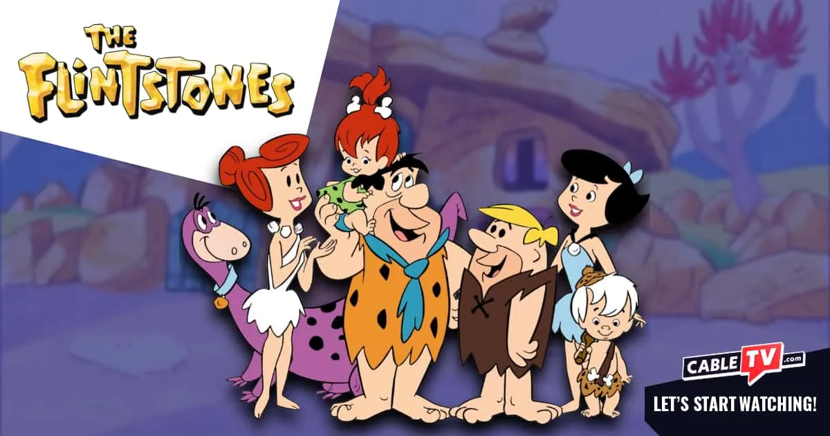 The Flintstones logo alongside an image of the Flintstone and Rubble families.