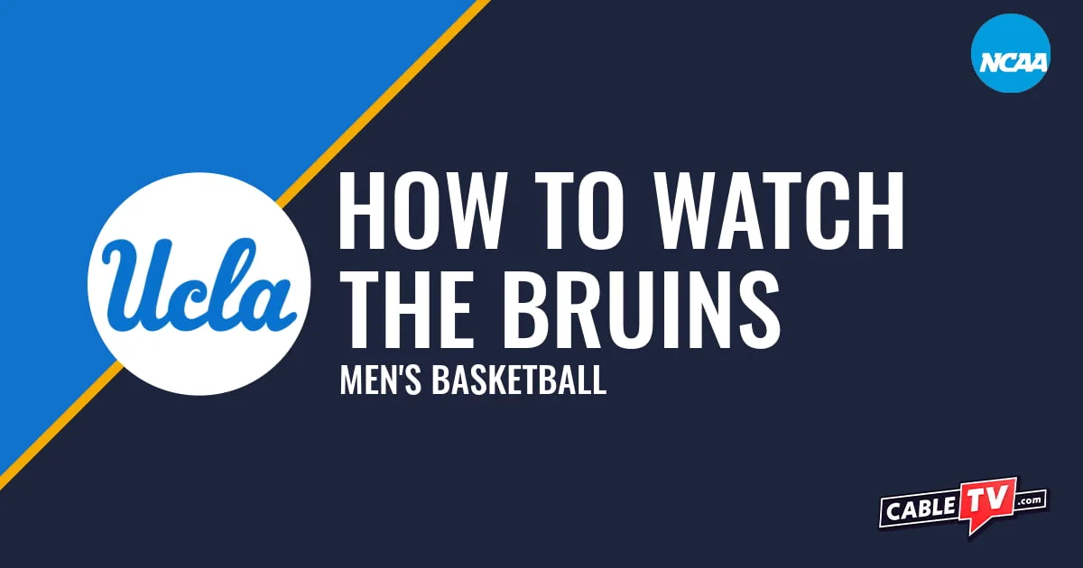 UCLA Bruins logo on a stylized blue and yellow graphic for the men's basketball team watch guide.