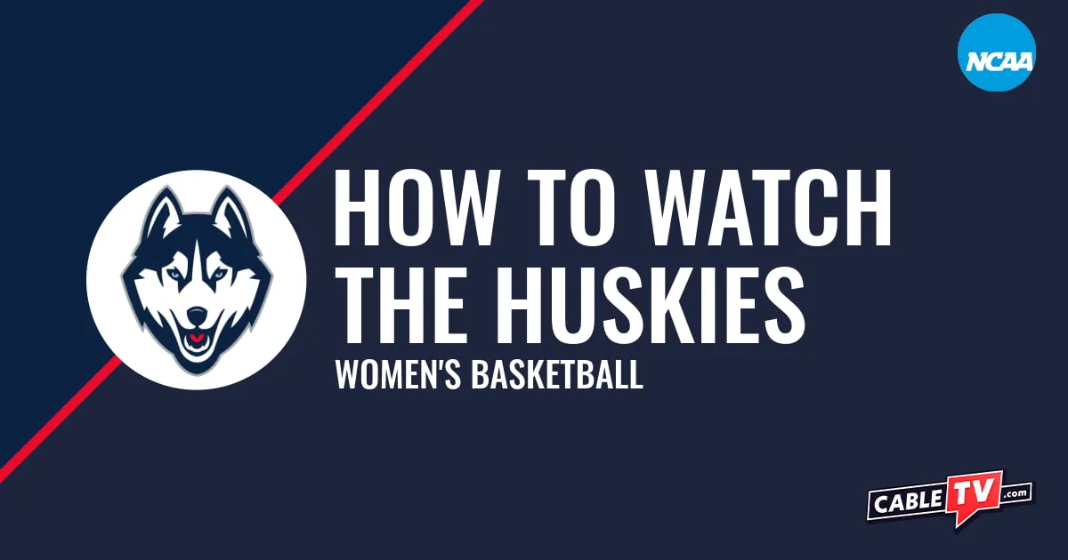 Watch UConn Women's Basketball UConn Huskies logo on a stylized blue graphic for the women's basketball team watch guide.