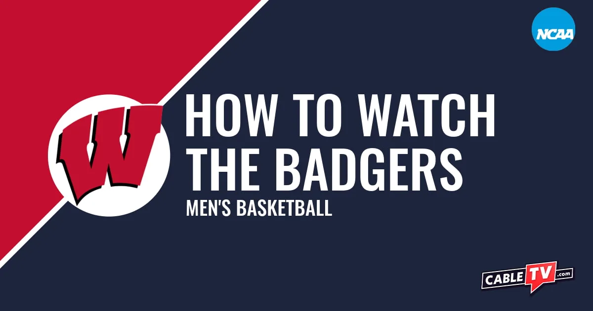 Wisconsin Badgers logo on a stylized red and dark blue graphic for the men's basketball team watch guide.