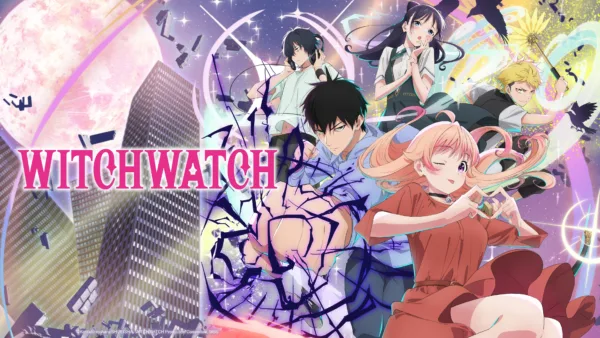 Promotional image for WITCHWATCH, displaying a cast of five anime characters complemented by purple and pink light.