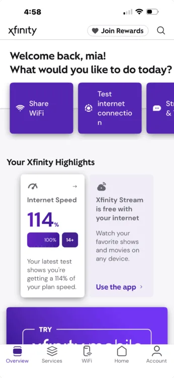 Xfinity Dashboard Highlights 1 Screenshots of the Xfinity mobile app.