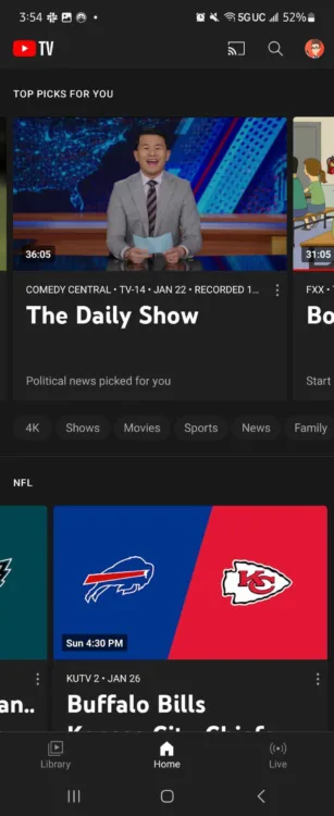 YouTube TV Home Page - Best Live TV Streaming Services A screenshot of the YouTube TV home page, viewed on mobile, shows scheduled programming.