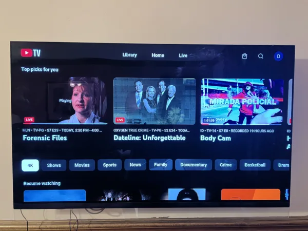 Image of a television with the YouTube TV Homepage displaying TV show recommendations.